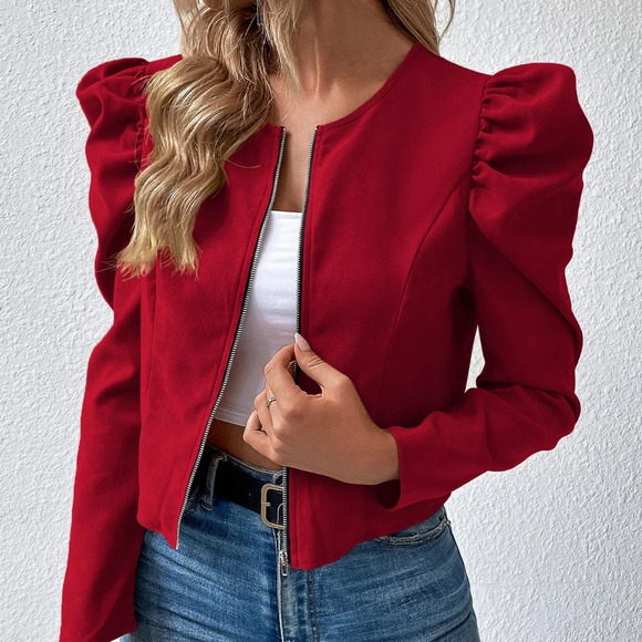 Gigot Sleeve Zipper Up Jacket